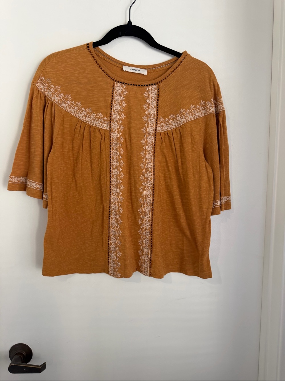 Promod Mustard Embroidered Boho Peasant Blouse NWOT